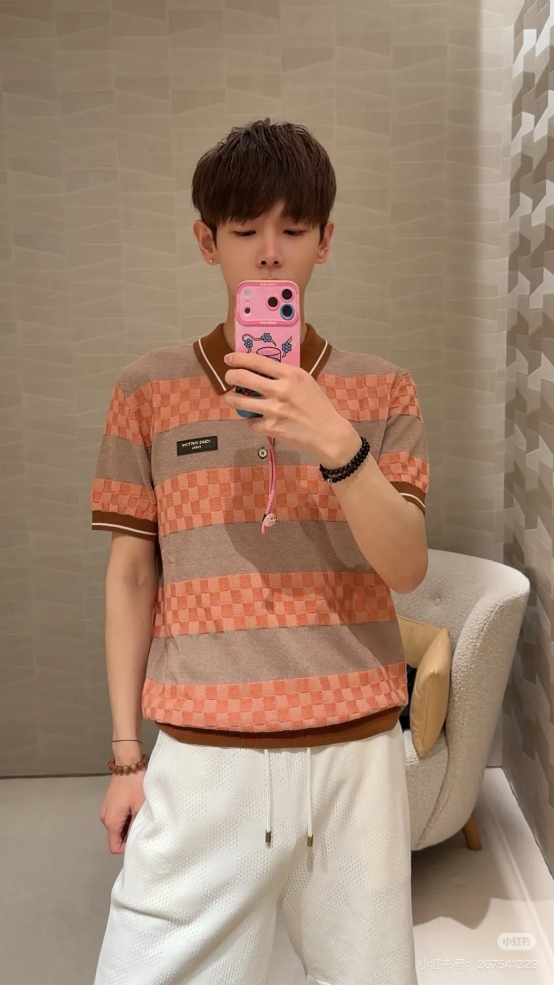 Louis Vuitton/Louis Vuitton 26ss leather striped checkerboard knitted Polo short sleeves